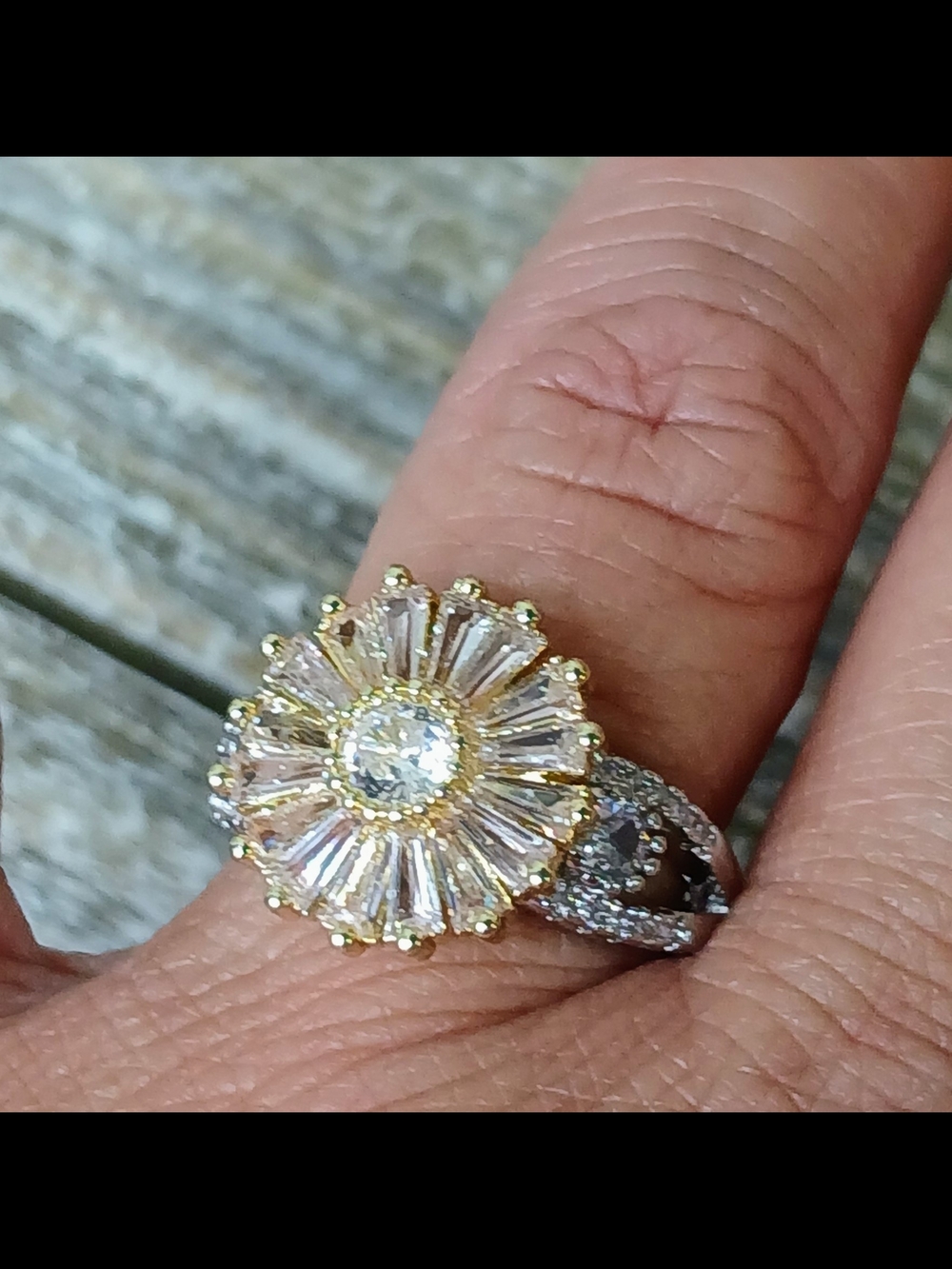 Gold and Silver Floral Halo Cocktail Ring with Clear Stones